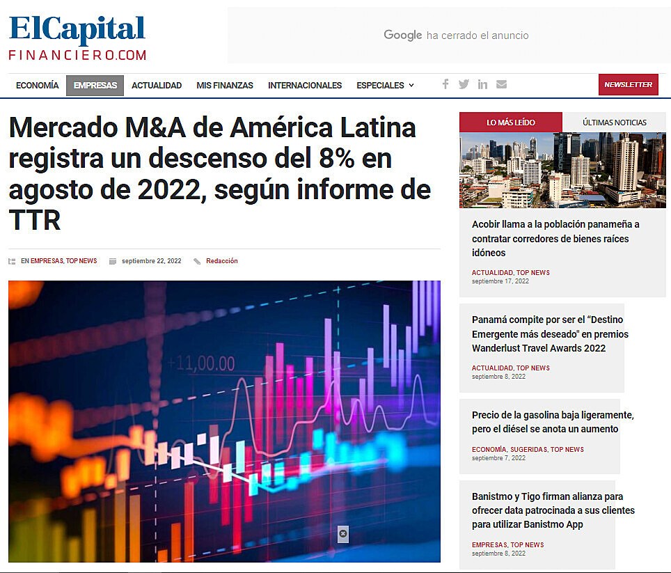 Mercado M&A de América Latina registra un descenso del 8% en agosto de 2022, según informe de TTR